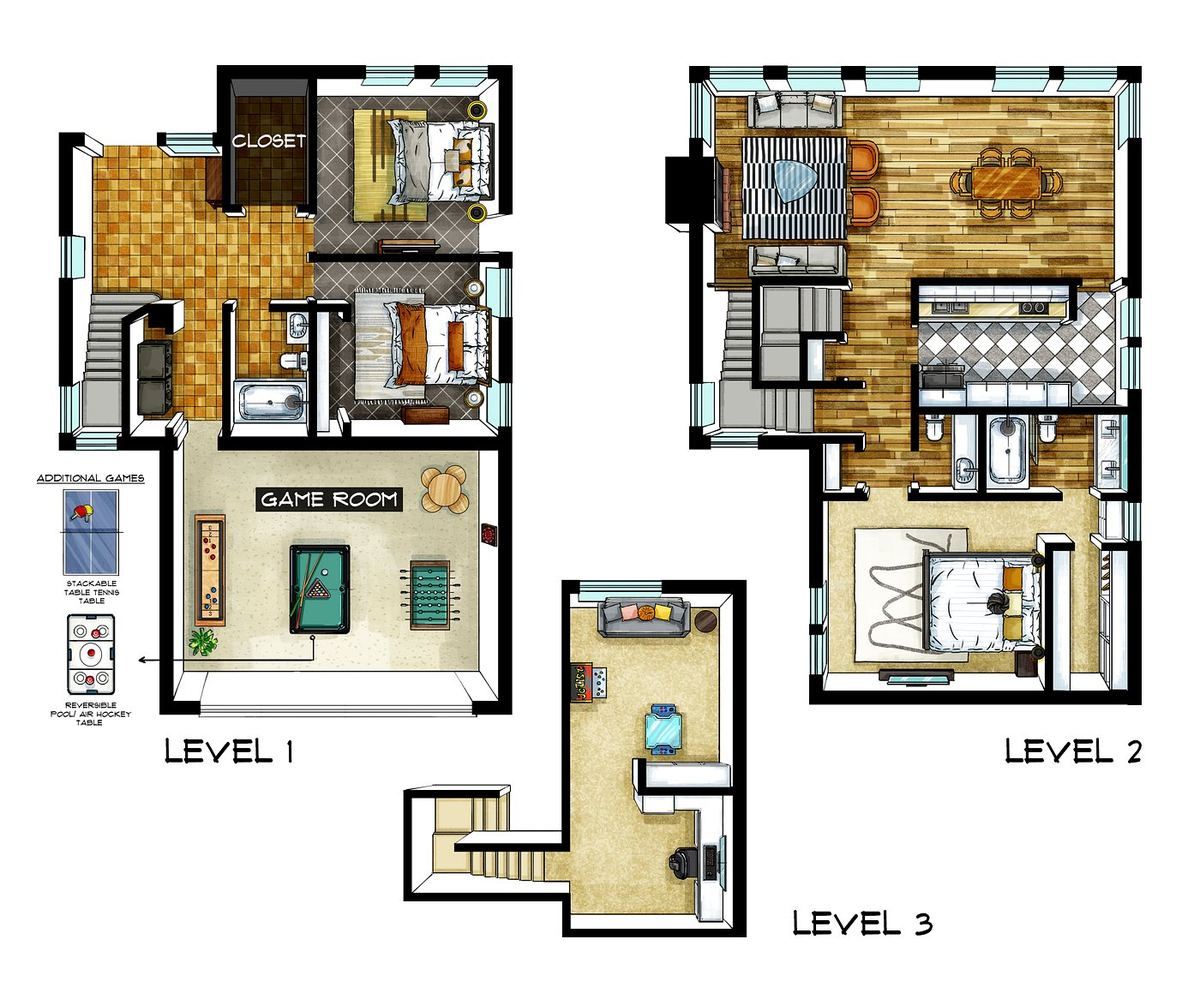 Floor plans for all three levels of the house